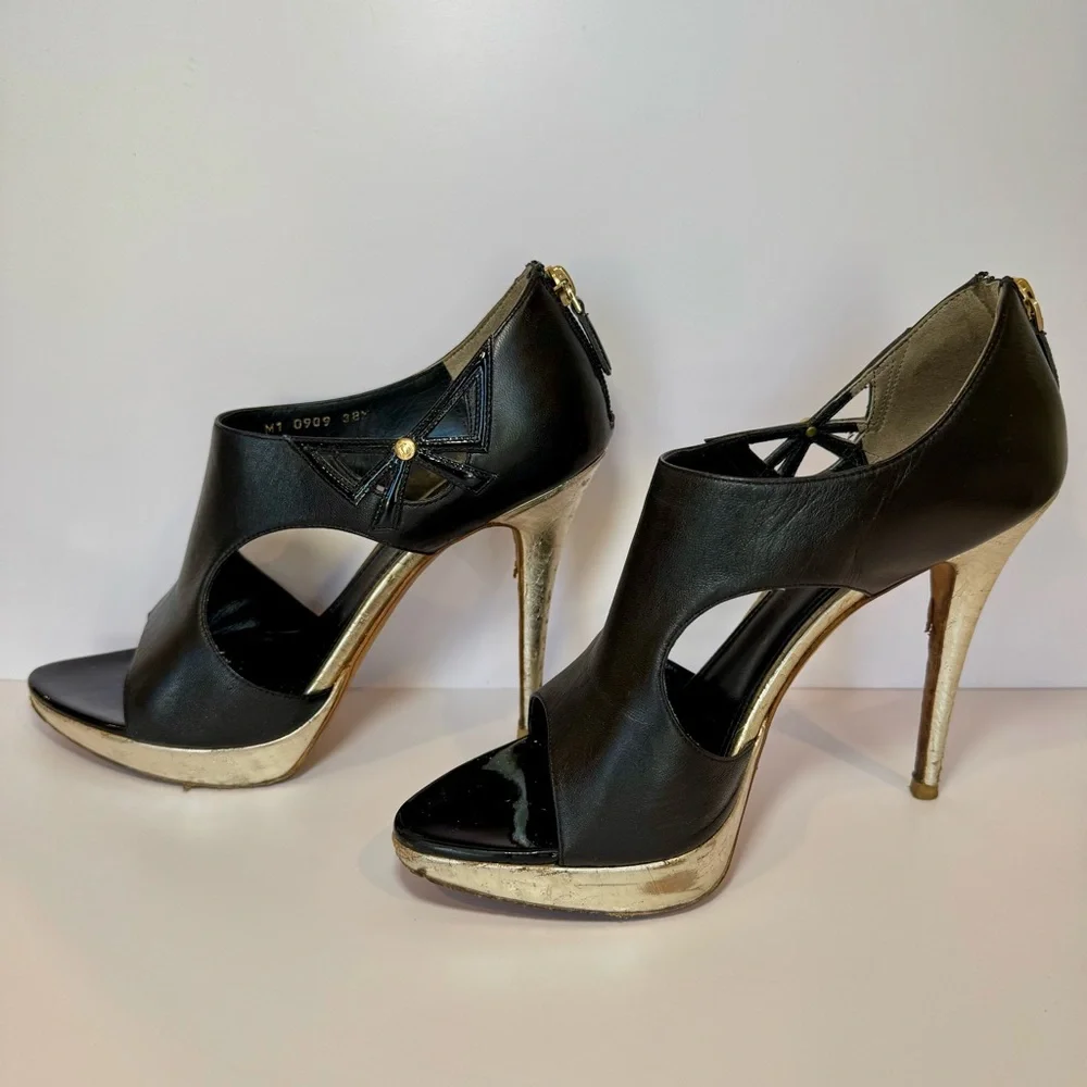 Christian Dior Lolita Black Leather Cutout Open Toe Sandal W Silver Heel Sz 38.5